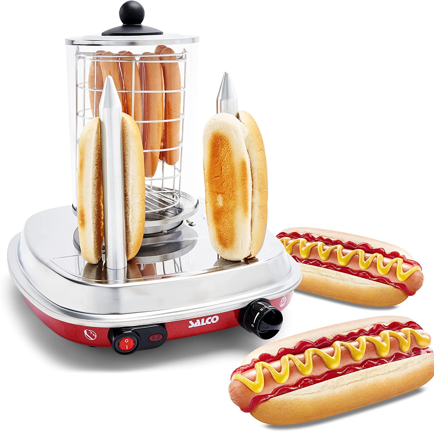 Salco HotDog Maker Retro-Style Fast Food Thermo-Control Dampfgarer mit Heizspieße für Würstchen und Brötchen 450W