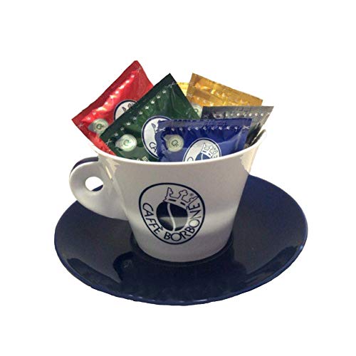 Kaffeetasse + Unterteller aus Porzellan mit „Café Borbone“-Schriftzug zur Aufbewahrung von Kaffeepads und Kapseln