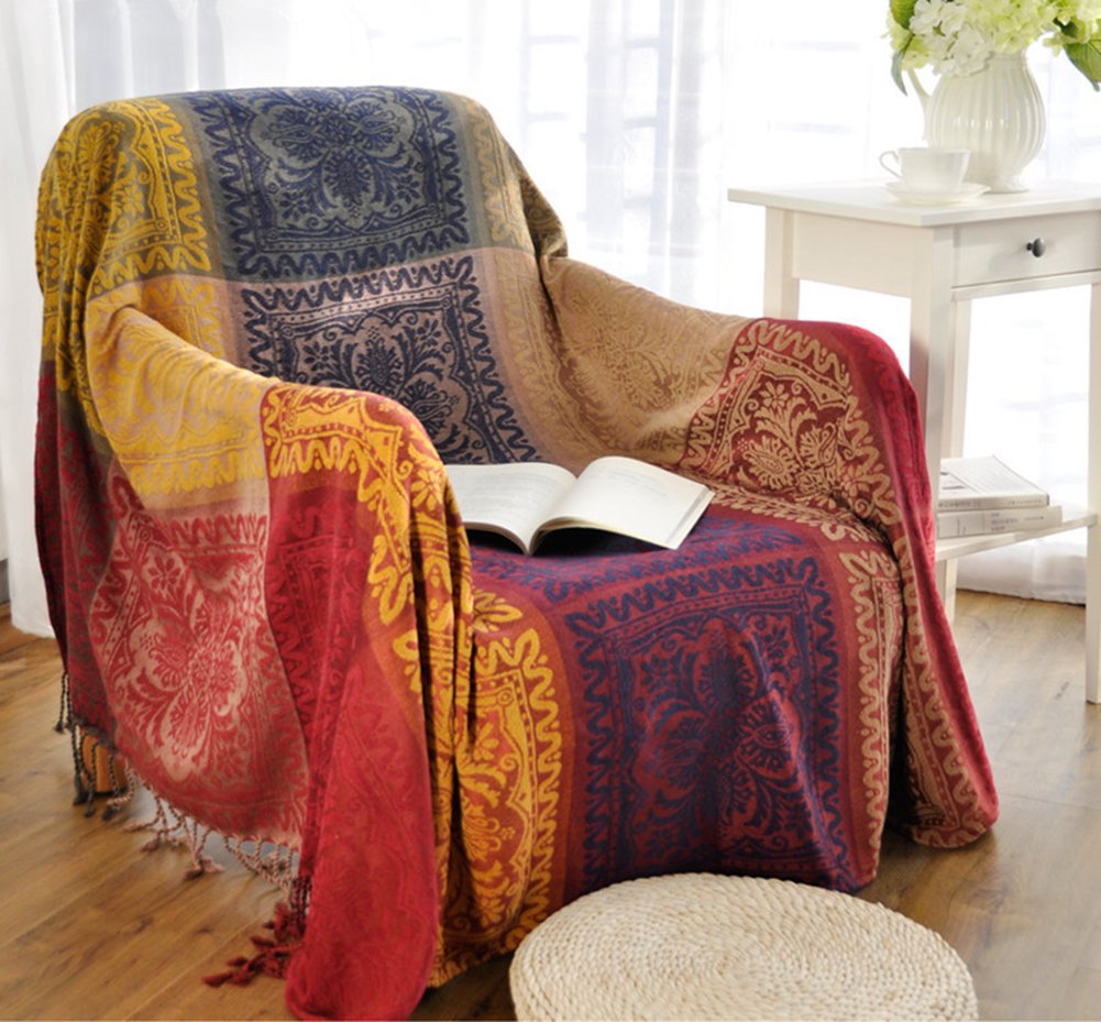 Sofa Bezüge Chenille Jacquard Quasten Überwurf Decke Sofa Stuhl Bezug Mediterraner Stil All Season Decke für Camping, Red Purple, 150*190CM