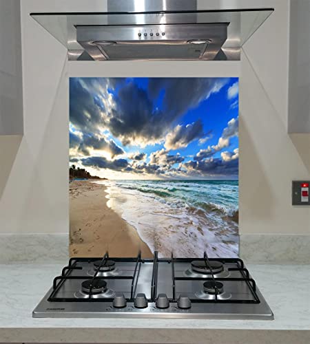 Splash Back, Panel Kitchen, gehärtetes Glas, Sonnenuntergang über blauem Meer, jede Größe, VA Art Glas (Breite 60 x Höhe 60 /cm)