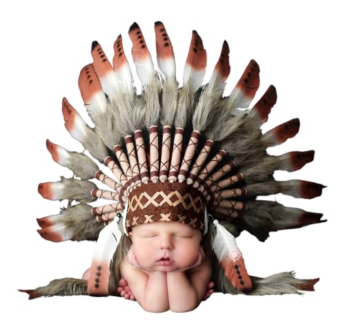 KARMABCN K18- Indian Baby Hat/Neugeborene von 0 bis 9 Monate, Indian Cap, Feder Kopfschmuck (Brown SWAN)