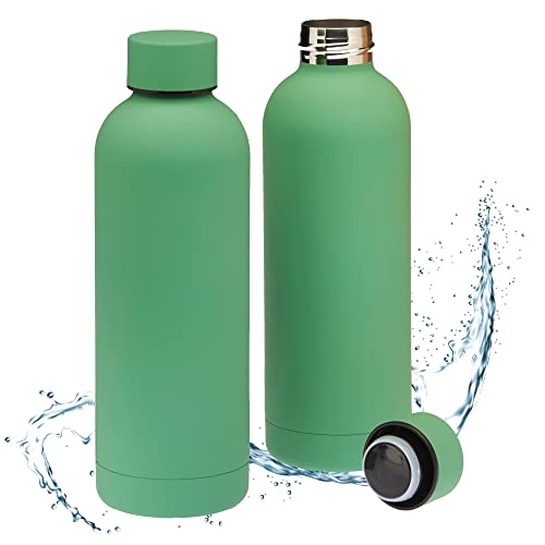 Smart-Planet 2er SET Premium Trinkflaschen aus Edelstahl 500ml - mit edler Touch Lackierung in Grün - 0,5l Thermo Edelstahltrinkflasche 100% auslaufsicher