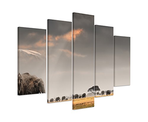 Bild Bilder 5 teilig gesamt 150x100cm Tierbilder – Elefanten in der afrikanischen Savanne bei Sonnenuntergang