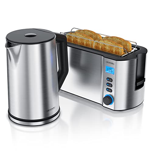 Arendo - Wasserkocher und toaster im SET Edelstahl Silber, Wasserkocher 1,5L, 40° - 100°C Warmhaltefunktion, Toaster 4 Scheiben, LED-Display, 6 Bräunungsgrade, Brötchaufsatz
