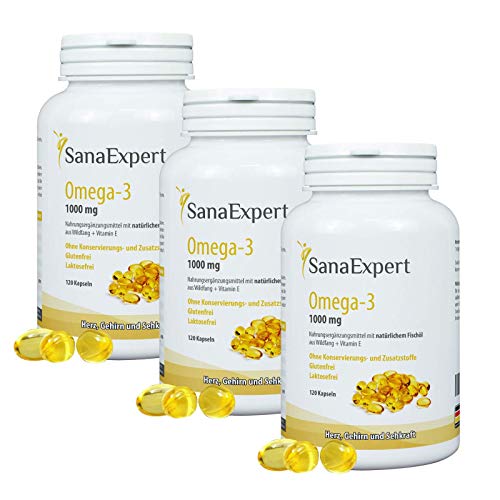 SanaExpert Omega-3 Fettsäuren, 1000 mg, Nahrungsergänzung mit natürlichem Fischöl aus Wildfang und Vitamin E, für Gehirn, Herz und Sehkraft, 3 Monatspackungen à 120 Kapseln (3)