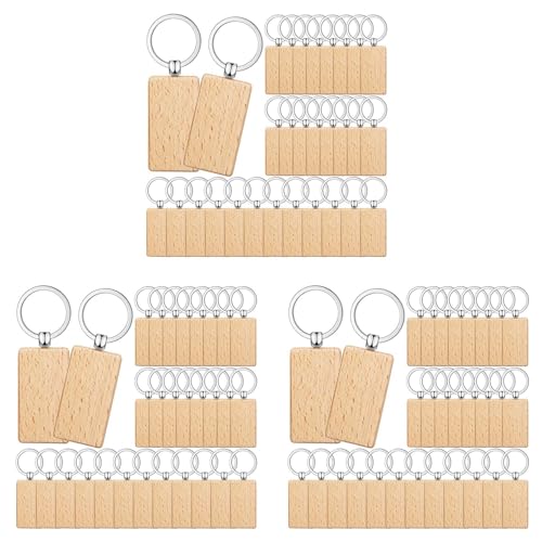 Clyictz 150 Stück Blanko-Schlüsselanhänger aus Holz, unlackiertes Holz, Schlüsselanhänger für Bastelarbeiten, rechteckig