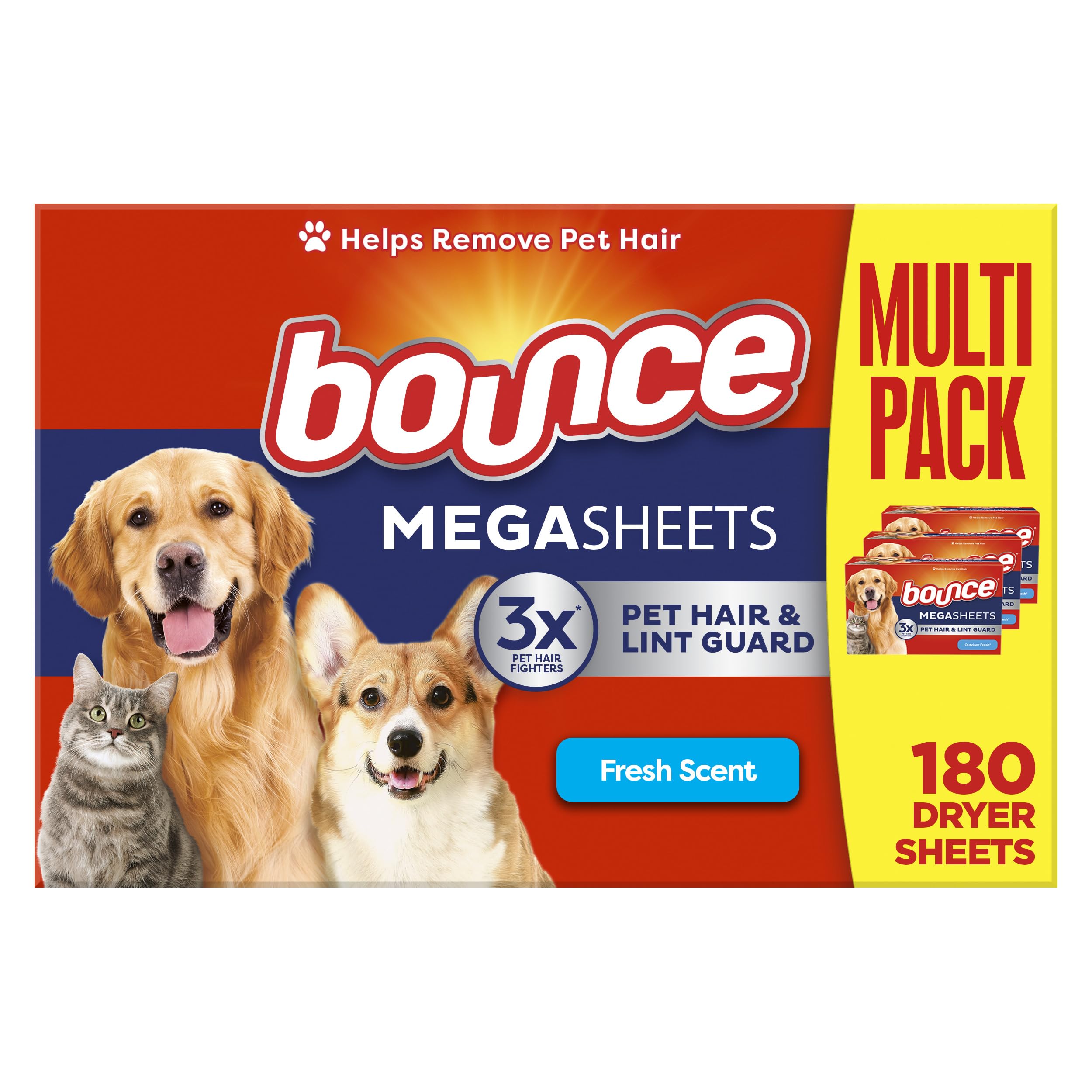 Bounce Pet Hair and Lint Guard Mega Dryer Sheets with 3X Pet Hair Fighters, Fresh Scent, 180 Count
