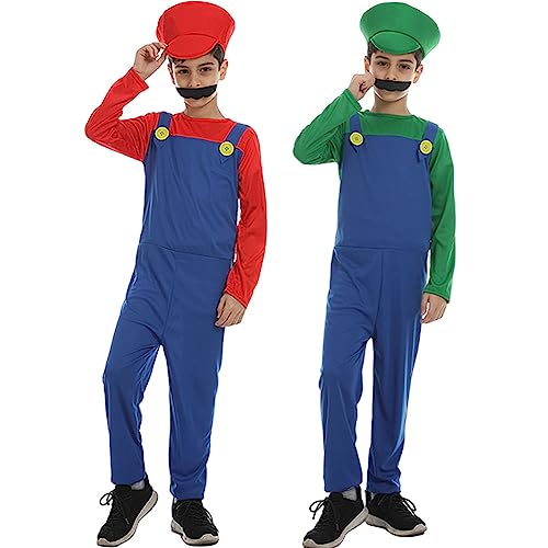 YIYUANIJI Super Brüder Cosplay Kostüm Outfit,Einteilig mit Hut und Bart,Geeignet für Karneval/Cosplay/Eltern-Kind-Verkleidung/Weihnachtsgeschenke
