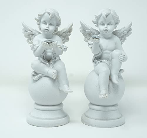 CBK-MS 2er Set weißer Engel mit Kristallherz auf Kugel sitzend Deko Figur Weihnachten Tischdeko