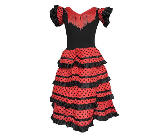 La Senorita ® Spanische Flamenco Kleid / Kostüm - für Mädchen / Kinder - Schwarz / Rot (Größe 128-134 - Länge 85 cm- 7-8 Jahr, Mehrfarbig)