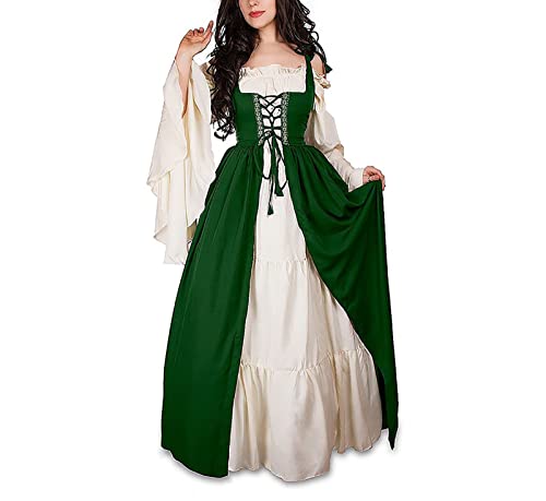 Guiran Damen Mittelalterliche Kleid mit Trompetenärmel Mittelalter Party Kostüm Maxikleid Grün 2XL