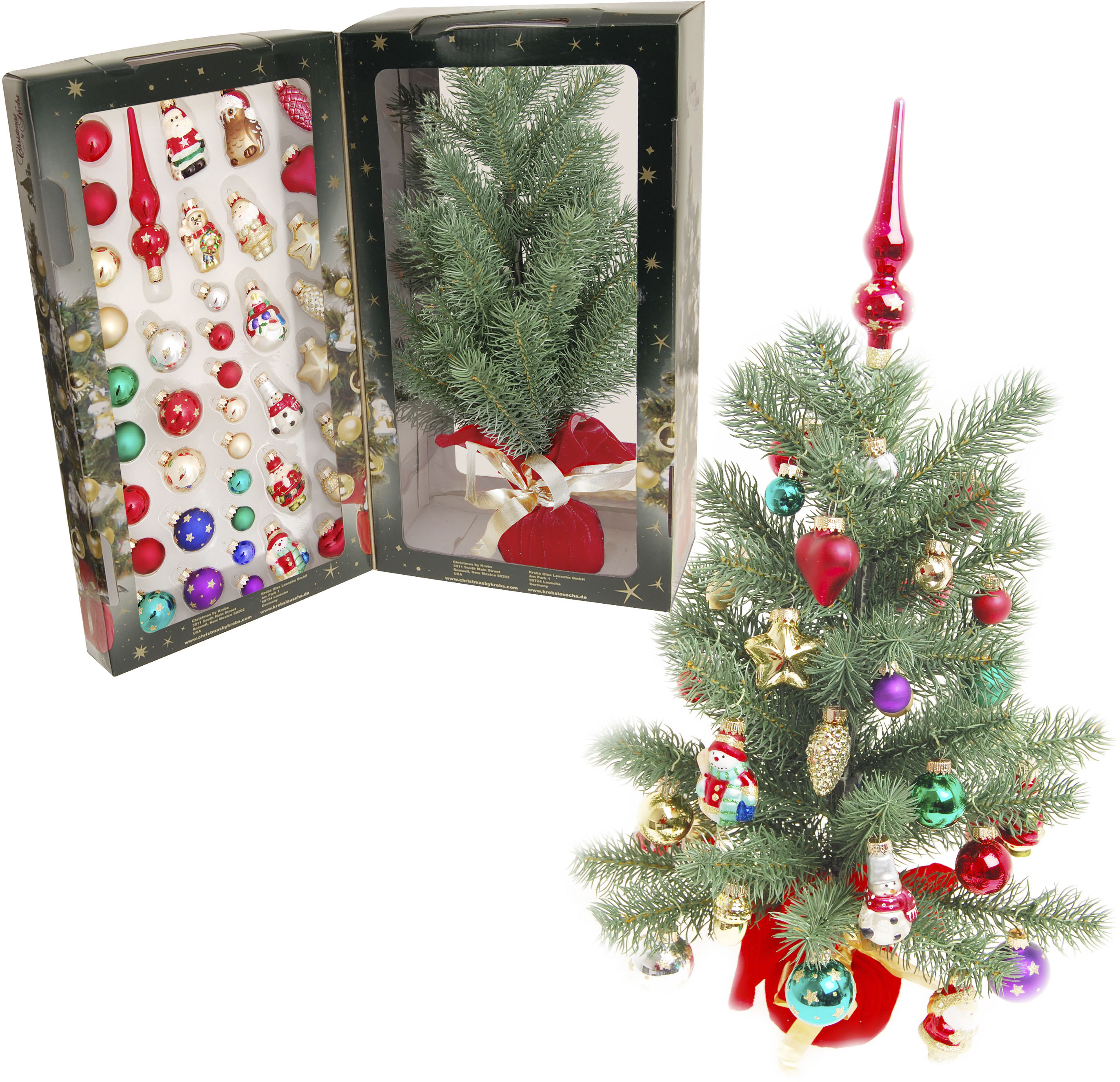 Krebs Glas Lauscha Künstlicher Weihnachtsbaum "Mini Weihnachtsbaum 45 cm - mit Kugeln, Figuren und Spitze", Edeltanne