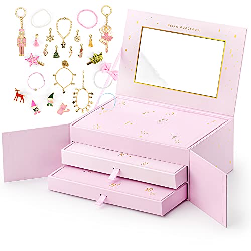Schmuck Adventskalender rosa für Mädchen mit Schmuckkasten hochwertig 24 verschiedene Schmuckstücke