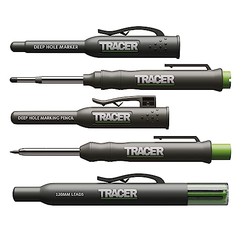 TRACER Komplettes Tiefloch-Markierungs-Set – (inkl. Permanentmarker mit doppelter Spitze, Tiefloch-Konstruktion, 6 x Ersatzminenspender und Tracer-Baustellenhalter)