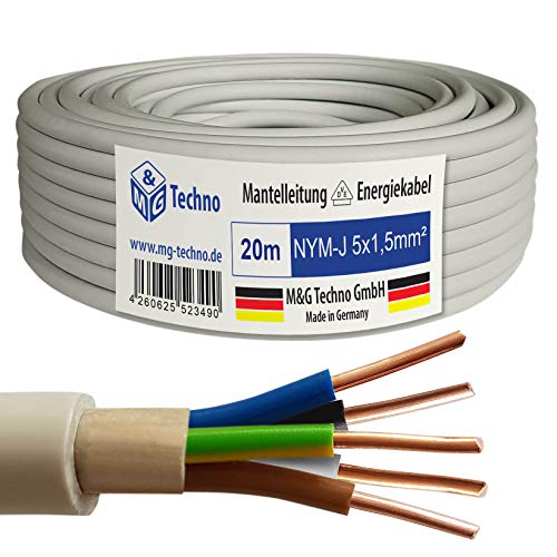 M&G Techno 20m NYM-J 5x1,5 mm² Mantelleitung Elektro Strom Kabel Kupfer eindrähtig Made in Germany