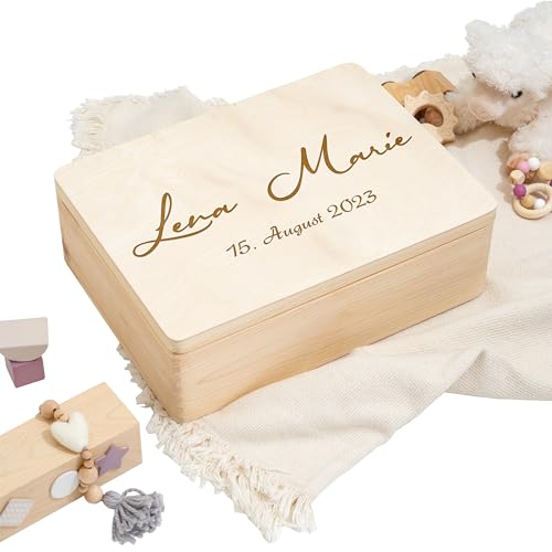 Waldwicht | Schöner Name auf Holzkasten mit Geburtsdatum | Erinnerungsbox zur Geburt - Personalisiertes Geschenk - Aufbewahrungsbox, Erinnerungskiste, Holzkiste, Geschenkbox | mit Deckel