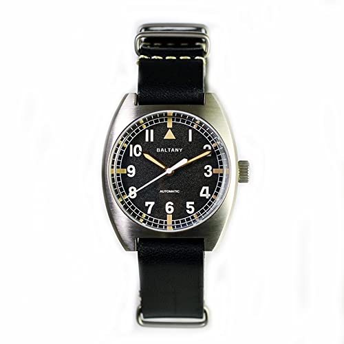 BALTANY W10 Tonneau Watch Homage RAF British Army Watch Edelstahl NH38 Automatik Vintage Armbanduhr für Herren (Black NA Strap)