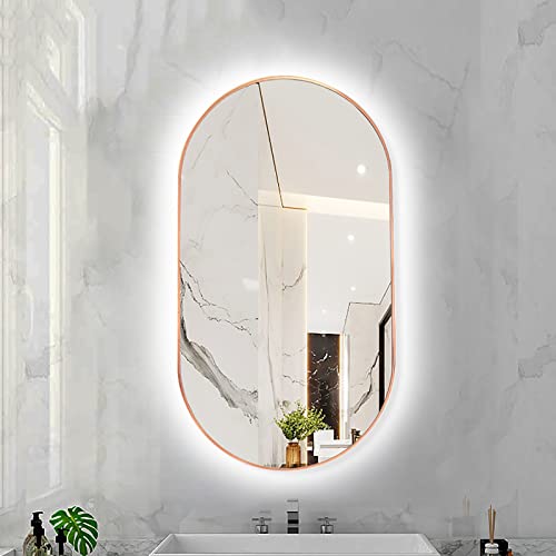 Ovaler LED-Badezimmerspiegel mit Metallrahmen, Hinterleuchteter Beleuchteter Beleuchteter Wandbehang-Kosmetikspiegel für Badezimmer-Schlafzimmer-Eingangsbereich ( Color : Rose Gold - White Light , Siz