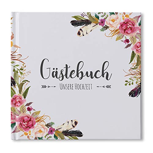 bigdaygraphix Gästebuch Hochzeit Hochzeitsbuch mit Fragen quadratisch Boho Federn Blumen - Boho Dream