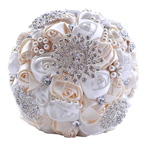 Fouriding Handgemachte Brosche Brautstrauß Braut Satin Rosen Blumen Strass Perlen Blumensträusse Hochzeit Strauß Künstliche Blumenstrauß künstlicher Rosenstrauß Dekoration (Cremeweiß)