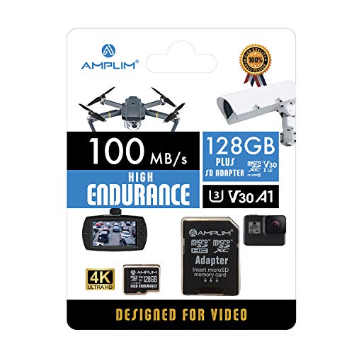 Amplim MicroSDXC-Karte für Videoüberwachungskameras, 128 GB, für Dashcam, Body Cam, Überwachungskamera, Home Security Cam, Drohne, Action Camera U3, V30, A1, 4K UHD, Micro SD TF mit Adapter