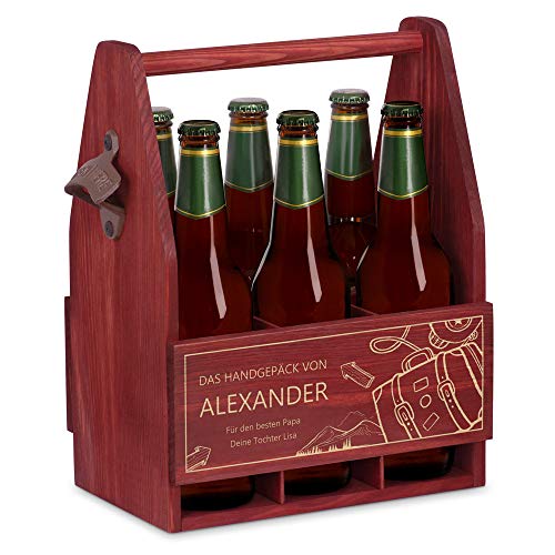 Maverton Bierträger für 6 Flaschen 0,5L + Gravur - Männerhandtasche mit Flaschenöffner - Größe: 25x17x32cm - aus Holz - Geschenk für Männer zum Geburtstag - Handgepäck