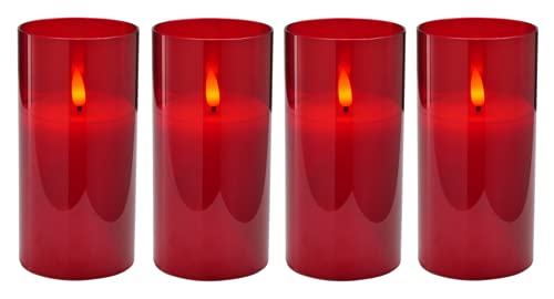 Hochwertige LED Adventskerzen im Glas - 4er Kerzenset / Sparset - Timer - Realistisch Flackernd - Kerze Weihnachten / Weihnachtskerzen / Adventskranz (Rot, Groß - Höhe 15cm / Ø 7,5cm)