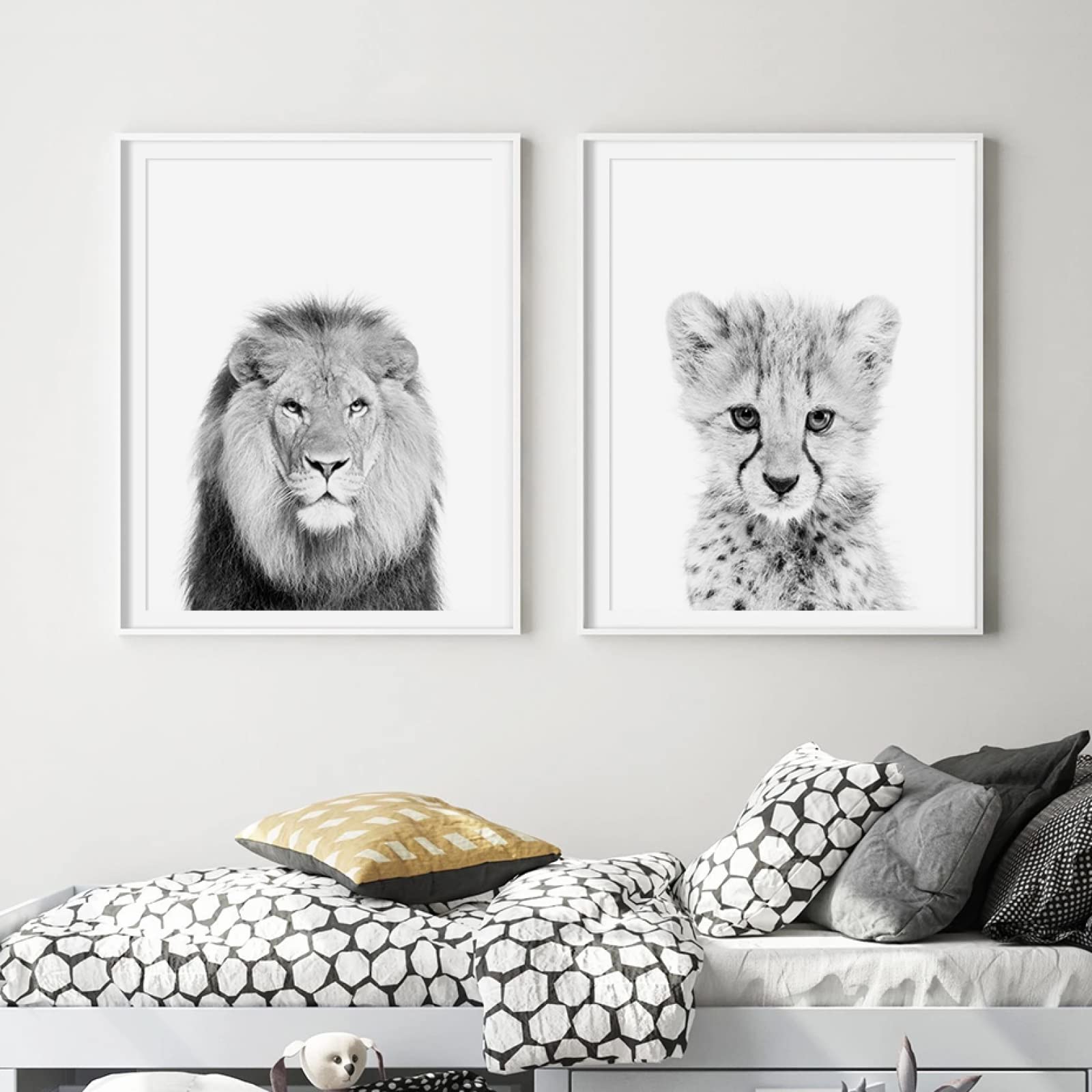Schwarz-Weiß-Tiere Wand Bilder Safari Löwen Tiere Poster Kunstdrucke Baby Kinderzimmer Dekoration Leinwand Gemälde Wandbilder für Wohnkultur 40 x 60 cm x 2 ungerahmt