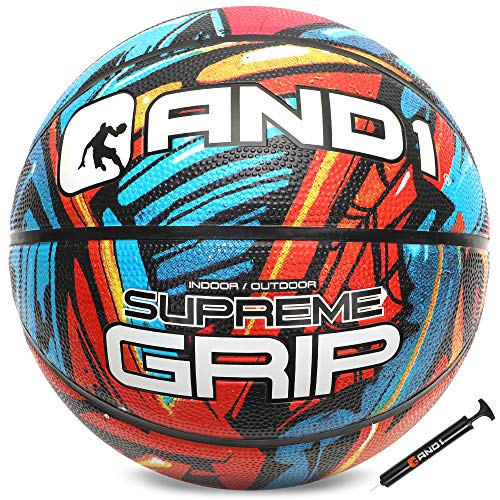 AND1 Supreme Grip Basketball & Pumpe, Gummi, offizielle Größe 7 (74,9 cm) Streetball, für drinnen und draußen Basketballspiele (blau/rot)