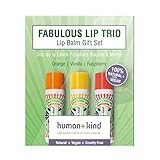 Human+Kind - Fabulous Lip Balm Trio – 100% natürlicher Ursprung – Orange – Vanille – Himbeere – vegan – ohne Tierversuche – repariert und befeuchtet trockene Lippen – hält Lippen weich und glatt – 3 g