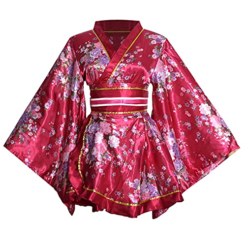 HUAHUA Damen Sexy Kurz Kimono Kleid Blumendruck Japanisch Traditionelle Geisha Yukata Bademantel Rock Gürtel Outfit (D02-Weinrot, Einheitsgröße)