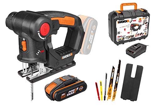 WORX 18V(20V MAX) Akku Stichsäge Axis WX550.4, 2,0Ah, PowerShare, 2-in-1, Säbel- und Stichsäge,Schnelle Umstellfunktion mit Staubbläser & Pendelhub, Schnellladegerät, 5 Sägeblätter