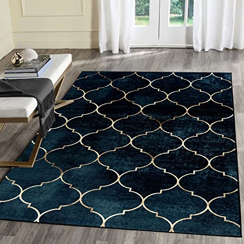 Mynes Home Waschbarer Teppich - Pflegeleichte waschbare Teppiche mit Rutschfester Latex-Rückseite - Modernes, geometrisches Design, Waschmaschinengeeignet - Marokko Navy, 120x170 cm