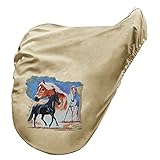 Sattelschoner Sattelbezug mit Aufdruck - Horse Pferde Roma Trio - 07063 beige - Kollektion Bötzel