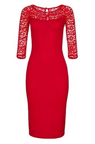Laeticia Dreams Damen Kleid aus Spitze Langarm Wadenlang S M L XL XXL XXXL, Farbe:Rot Modell 2017;Größe:36