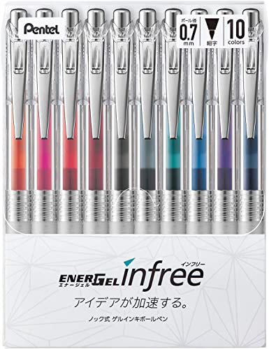 Pentel Gel-Tinten-Kugelschreiber, einziehbar, EnerGel, unfrei, feine Spitze, 0,7 mm, 10 Farben