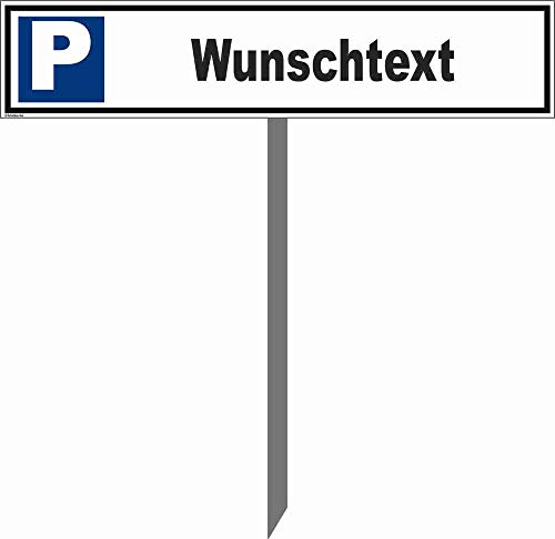 Kleberio® Parkplatz Schild 52 x 11 cm - Wunschtext (Farbe: schwarz) - mit Einschlagpfosten 0,75 Meter (75cm) und Montagematerial stabile Aluminiumverbundplatte
