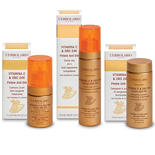L' Erbolario - Anti-Age-Paket Vitamin C und Gold 24 K - 1 Gesichtscreme 24h + Reinigungspulver + 1 Augenpartie Glättung + gratis Florinda Pflanzenseife 50 g