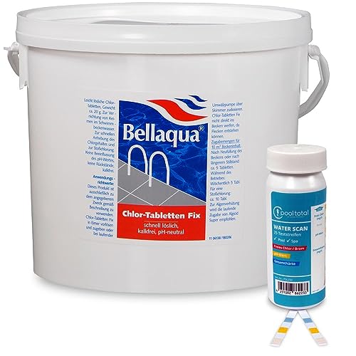 Bellaqua Chlor-Tabletten Fix 5,0 kg | Sofort lösliche Mini-Chlortabs 20g zur schnellen Anhebung des Chlorgehalts | Sofort wirksam gegen Bakterien Pilze Viren | + 25 Teststreifen Chlor pH Härte
