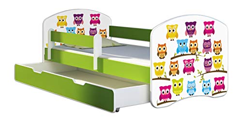 ACMA Kinderbett Jugendbett mit Einer Schublade und Matratze Grün mit Rausfallschutz Lattenrost II 140x70 160x80 180x80 (31 Eule, 180x80 + Bettkasten)
