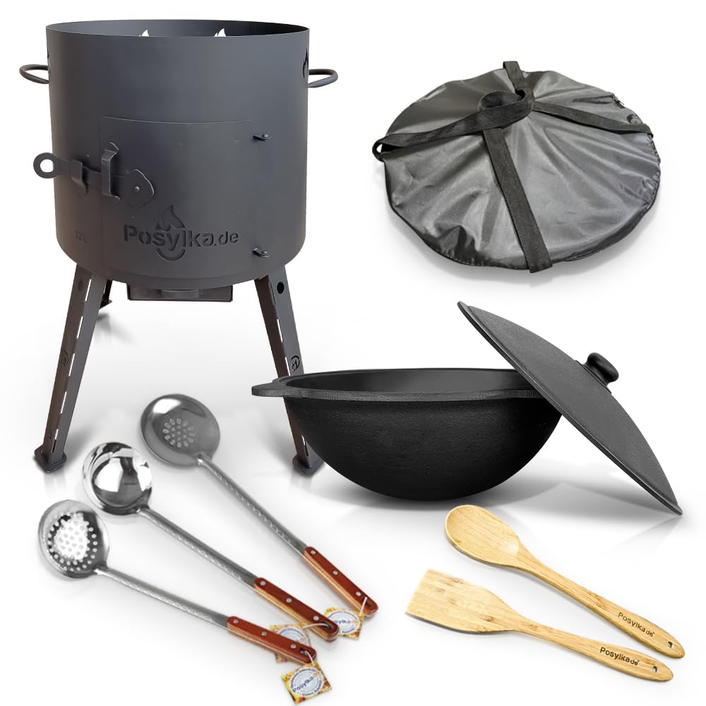 Utschak Feuerofen mit Gusseisen Topf runder Boden mit Deckel (12 L) Ø 40 cm Kazan KazanoFF, Учаг, Outdoor, Feuerschale, Camping, Kasan, Gulaschkanone Dutch Oven (Set 6-12)