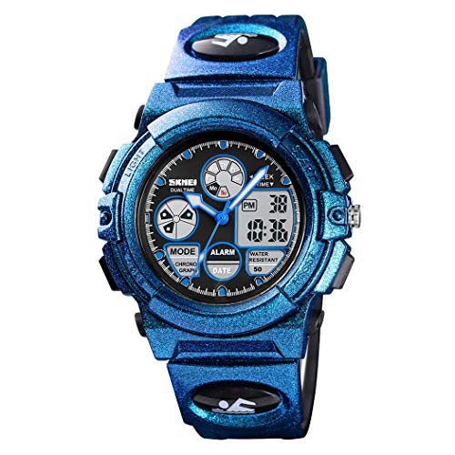 FeiWen Unisex Fashion Herrenuhr Damenuhr Analog Quarz LED Doppel Zeit Digital Uhren 50M Wasserdicht Outdoor Sportuhr Plastik Cool Armbanduhr (Blau)