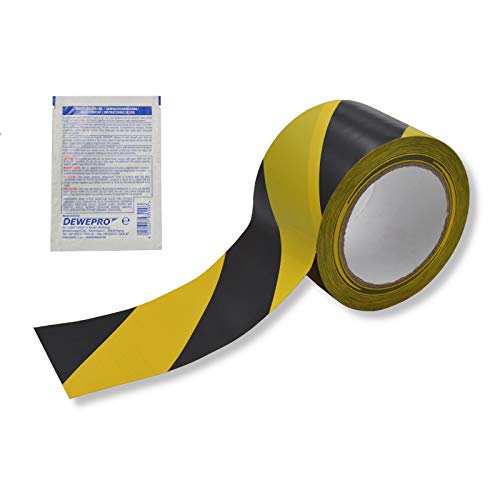 ROCOL® EasyTape™ Markierungsband Schwarz/Gelb gestreift 75mm x 33m - hoch belastbares, selbstklebendes PVC-Band - inkl. 1 St. DEWEPRO SingleScrubs