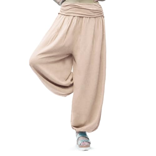 Gloop Damen Pumphose Haremhose Freizeithose Sommerhose Hose in Blumen Muster oder UniFarben HS201701 (DE/NL/SE/PL, Alphanumerisch, XL, 3XL, Regular, Regular, Dunkelbeige 13090a15)