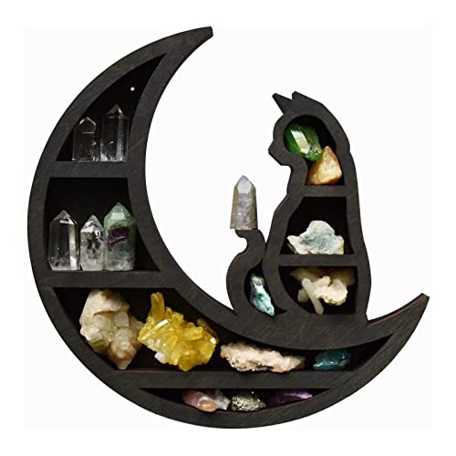 NZXVSE Kristall-Regal-Display, niedliches schwarzes Katzen-Design, aus Holz, Mond, Kristall-Halter, Phasen-Kristall-Regal, Organizer, dekorativ für Wohnzimmer, Schlafzimmer, Badezimmer