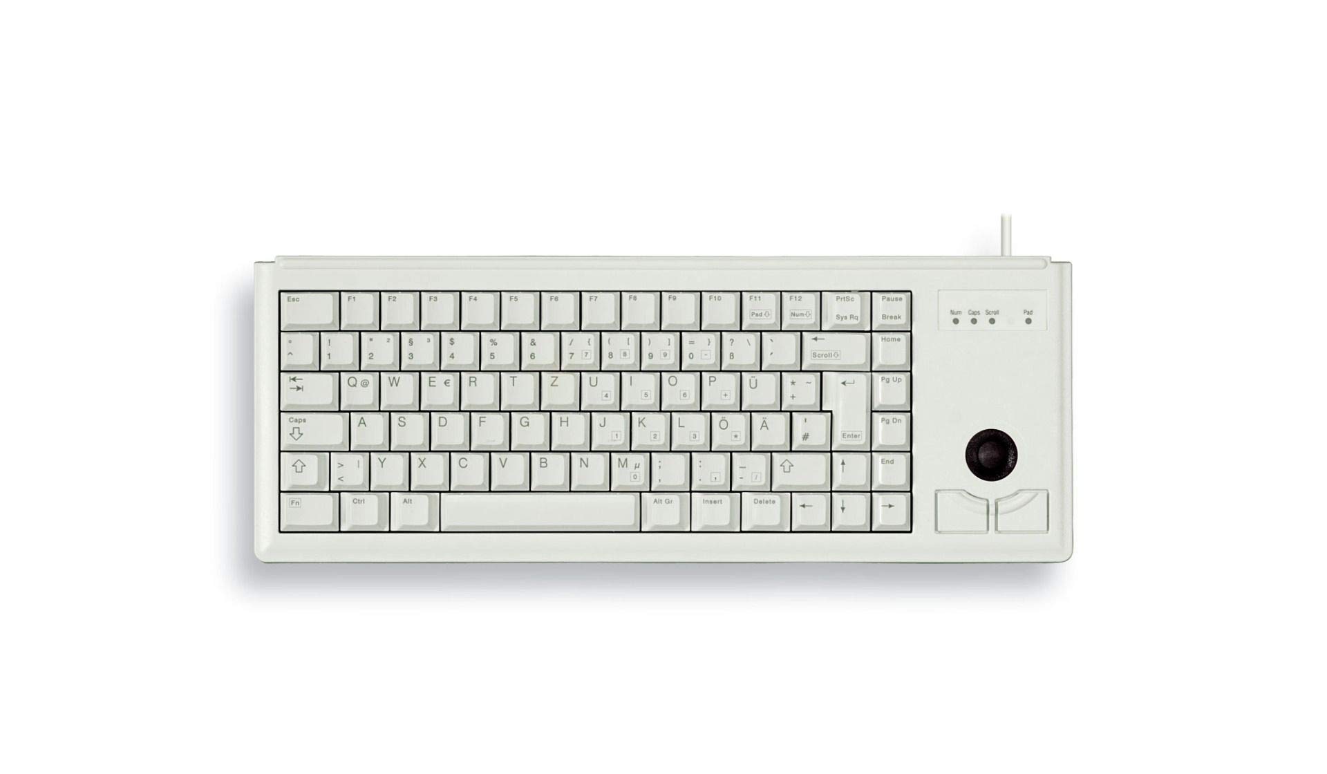 CHERRY Compact-Keyboard G84-4400, Deutsches Layout, QWERTZ Tastatur, kabelgebundene Tastatur, mechanische Tastatur, ML Mechanik, Integrierter optischer Trackball plus 2 Maustasten, hellgrau