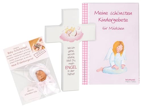 Schutzengel Geschenk-Set zur Geburt für Jungs und Mädels mit Kinderkreuz (15 x 9 cm) und niedlichen Baby-Schutzengel (rosa)