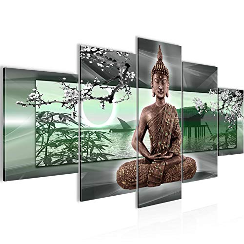 Bilder Buddha Feng Shui Wandbild Vlies - Leinwand Bild XXL Format Wandbilder Wohnzimmer Wohnung Deko Kunstdrucke Grün 5 Teilig - MADE IN GERMANY - Fertig zum Aufhängen 503253b