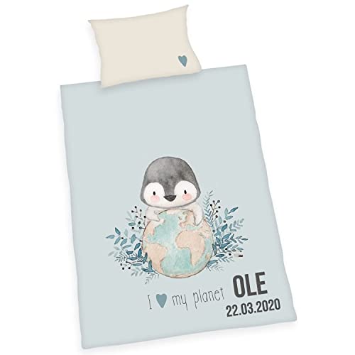 Wolimbo Bettwäsche - Pinguin Motiv - personalisierbar - 100 x 135 cm - Babybettwäsche - Kinderbettwäsche - 100% Baumwolle - Weich