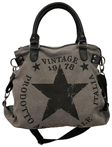 Star Bag Vintage Stern Damen Stamp Tasche Fashion Shopper Henkeltasche Canvas Stoff (Grau V2)